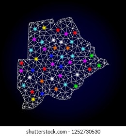 Glossy polygonal mesh map of Botswana with glare effect. Vector carcass map of Botswana with glowing multicolored points for Christmas posters. White mesh lines. Dark blue background.