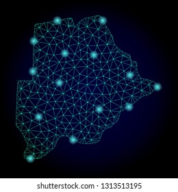 Glossy polygonal mesh map of Botswana. Abstract mesh lines, triangles, light spots and points on dark background with map of Botswana.