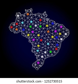 Glossy polygonal mesh map of Brazil with glare effect. Vector carcass map of Brazil with glowing multi colored spheres for New Year templates. White mesh lines. Dark blue background.