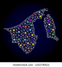 Glossy polygonal mesh map of Brunei with glow effect. Vector carcass map of Brunei with glowing multi colored spheres for New Year purposes. White mesh lines. Dark blue background.