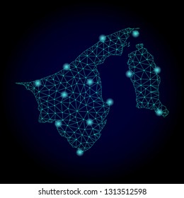 Glossy polygonal mesh map of Brunei. Abstract mesh lines, triangles, light spots and points on dark background with map of Brunei.