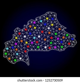 Glossy polygonal mesh map of Burkina Faso with glow effect. Vector carcass map of Burkina Faso with glowing multi colored points for Christmas purposes. White mesh lines. Dark blue background.