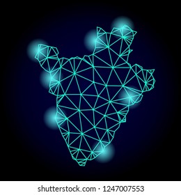 Glossy polygonal mesh map of Burundi with glare effect. Abstract mesh lines, triangles, light spots and points on dark background with map of Burundi.