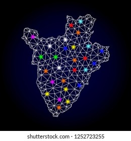 Glossy polygonal mesh map of Burundi with glow effect. Vector carcass map of Burundi with glowing colorful spheres for New Year purposes. White mesh lines. Dark blue background. Constellation effect.