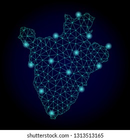 Glossy polygonal mesh map of Burundi. Abstract mesh lines, triangles, light spots and points on dark background with map of Burundi.