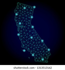 Glossy polygonal mesh map of California. Abstract mesh lines, triangles, light spots and points on dark background with map of California.