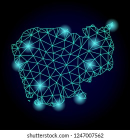 Glossy polygonal mesh map of Cambodia with glare effect. Abstract mesh lines, triangles, light spots and points on dark background with map of Cambodia.