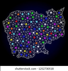 Glossy polygonal mesh map of Cambodia with glow effect. Vector carcass map of Cambodia with glowing multi colored dots for Christmas templates. White mesh lines. Dark blue background.