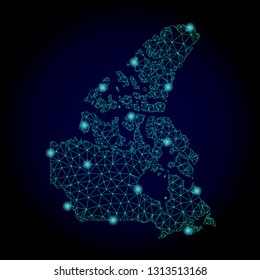 Glossy polygonal mesh map of Canada. Abstract mesh lines, triangles, light spots and points on dark background with map of Canada.