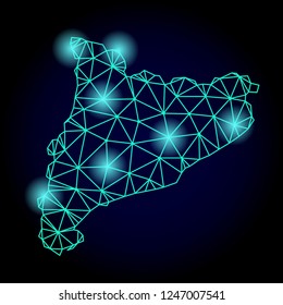 Glossy polygonal mesh map of Catalonia with glare effect. Abstract mesh lines, triangles, light spots and points on dark background with map of Catalonia.