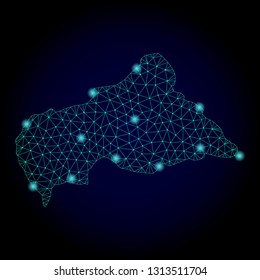 Glossy polygonal mesh map of Central African Republic. Abstract mesh lines, triangles, light spots and points on dark background with map of Central African Republic.