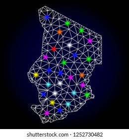 Glossy polygonal mesh map of Chad with glow effect. Vector carcass map of Chad with glowing multi colored spheres for New Year purposes. White mesh lines. Dark blue background. Constellation effect.