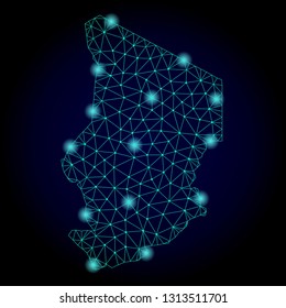 Glossy polygonal mesh map of Chad. Abstract mesh lines, triangles, light spots and points on dark background with map of Chad.