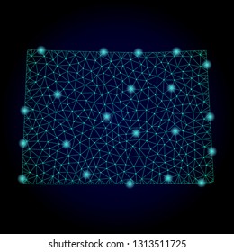 Glossy polygonal mesh map of Colorado State. Abstract mesh lines, triangles, light spots and points on dark background with map of Colorado State.