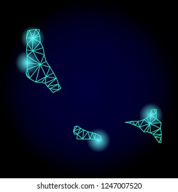 Glossy polygonal mesh map of Comoros Islands with glow effect. Abstract mesh lines, triangles, light spots and points on dark background with map of Comoros Islands.