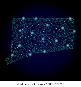 Glossy polygonal mesh map of Connecticut State. Abstract mesh lines, triangles, light spots and points on dark background with map of Connecticut State.