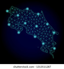 Glossy polygonal mesh map of Costa Rica. Abstract mesh lines, triangles, light spots and points on dark background with map of Costa Rica.