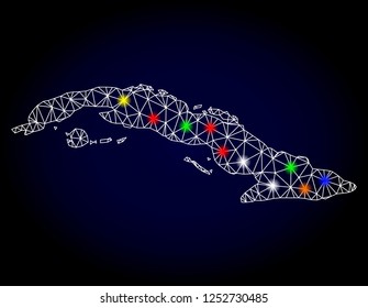 Glossy polygonal mesh map of Cuba Island with glow effect. Vector carcass map of Cuba Island with glowing multi colored spheres for Christmas illustrations. White mesh lines. Dark blue background.