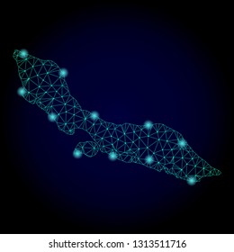 Glossy polygonal mesh map of Curacao Island. Abstract mesh lines, triangles, light spots and points on dark background with map of Curacao Island.