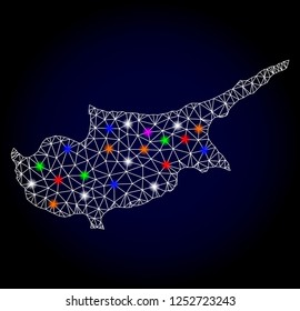 Glossy polygonal mesh map of Cyprus Island with glare effect. Vector carcass map of Cyprus Island with glowing multi colored spheres for Christmas posters. White mesh lines. Dark blue background.