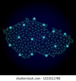 Glossy polygonal mesh map of Czech Republic. Abstract mesh lines, triangles, light spots and points on dark background with map of Czech Republic.