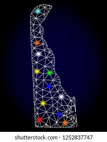 Glossy polygonal mesh map of Delaware State with glare effect. Vector carcass map of Delaware State with glowing multi colored points for Christmas templates. White mesh lines. Dark blue background.