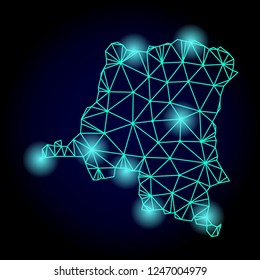 Glossy polygonal mesh map of Democratic Republic of the Congo with glow effect. Abstract mesh lines, triangles, light spots and points on dark background with map of Democratic Republic of the Congo.