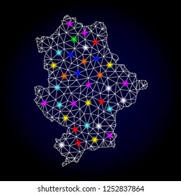 Glossy polygonal mesh map of Donetsk Republic with glare effect. Vector carcass map of Donetsk Republic with glowing multi colored dots for Christmas illustrations. White mesh lines.