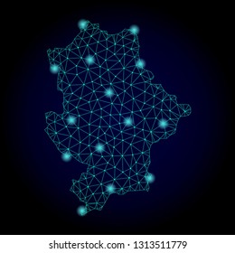 Glossy polygonal mesh map of Donetsk Republic. Abstract mesh lines, triangles, light spots and points on dark background with map of Donetsk Republic.