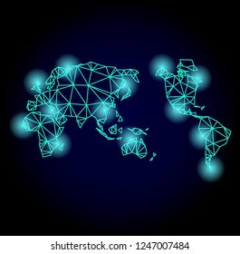 Glossy polygonal mesh map of Earth with glare effect. Abstract mesh lines, triangles, light spots and points on dark background with map of Earth.