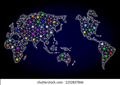 Glossy polygonal mesh map of Earth with glare effect. Vector carcass map of Earth with glowing colorful points for New Year posters. White mesh lines. Dark blue background. Constellation effect.
