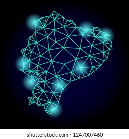 Glossy polygonal mesh map of Ecuador with glare effect. Abstract mesh lines, triangles, light spots and points on dark background with map of Ecuador.