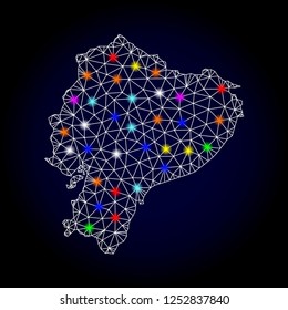 Glossy polygonal mesh map of Ecuador with glow effect. Vector carcass map of Ecuador with glowing multicolored points for New Year posters. White mesh lines. Dark blue background.