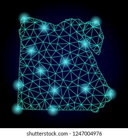 Glossy polygonal mesh map of Egypt with glow effect. Abstract mesh lines, triangles, light spots and points on dark background with map of Egypt.