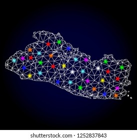Glossy polygonal mesh map of El Salvador with glare effect. Vector carcass map of El Salvador with glowing multi colored dots for Christmas purposes. White mesh lines. Dark blue background.