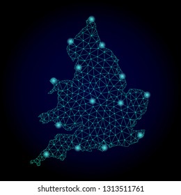 Glossy polygonal mesh map of England. Abstract mesh lines, triangles, light spots and points on dark background with map of England.