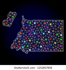 Glossy polygonal mesh map of Equatorial Guinea with glare effect. Vector carcass map of Equatorial Guinea with glowing multi colored dots for Christmas purposes. White mesh lines.