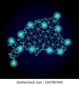 Glossy polygonal mesh map of Estonia with glow effect. Abstract mesh lines, triangles, light spots and points on dark background with map of Estonia.