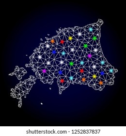 Glossy polygonal mesh map of Estonia with glare effect. Vector carcass map of Estonia with glowing multi colored points for New Year templates. White mesh lines. Dark blue background.