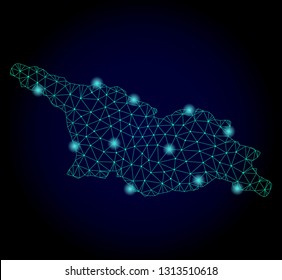 Glossy polygonal mesh map of Georgia country. Abstract mesh lines, triangles, light spots and points on dark background with map of Georgia country.