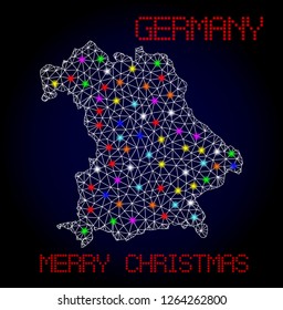 Glossy polygonal mesh map of Germany with glow effect. Vector carcass map of Germany with glowing multi colored points for Christmas posters. White mesh lines. Dark blue background.