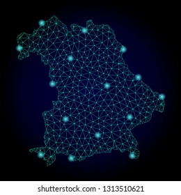 Glossy polygonal mesh map of Germany. Abstract mesh lines, triangles, light spots and points on dark background with map of Germany.
