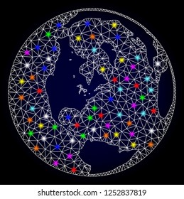 Glossy polygonal mesh map of global world with glow effect. Vector carcass map of global world with glowing multi colored spheres for Christmas illustrations. White mesh lines. Dark blue background.
