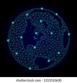 Glossy polygonal mesh map of global world. Abstract mesh lines, triangles, light spots and points on dark background with map of global world.