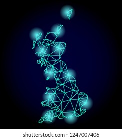 Glossy polygonal mesh map of Great Britain with glare effect. Abstract mesh lines, triangles, light spots and points on dark background with map of Great Britain.