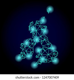 Glossy polygonal mesh map of Great Britain and Ireland with glare effect. Abstract mesh lines, triangles, light spots and points on dark background with map of Great Britain and Ireland.