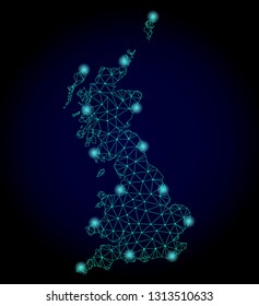 Glossy polygonal mesh map of Great Britain. Abstract mesh lines, triangles, light spots and points on dark background with map of Great Britain.