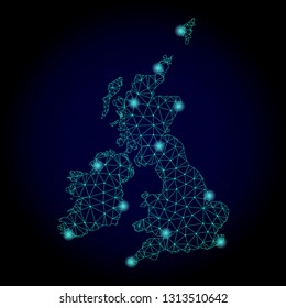 Glossy polygonal mesh map of Great Britain and Ireland. Abstract mesh lines, triangles, light spots and points on dark background with map of Great Britain and Ireland.