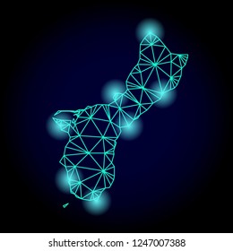 Glossy polygonal mesh map of Guam Island with glow effect. Abstract mesh lines, triangles, light spots and points on dark background with map of Guam Island.