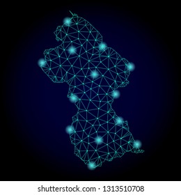 Glossy polygonal mesh map of Guyana. Abstract mesh lines, triangles, light spots and points on dark background with map of Guyana.